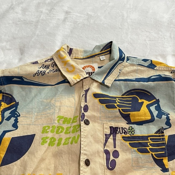 Deus Ex Machina Customs Super OK Hawaiian Shirt Riders Hemp Men's Size Small S - Picture 2 of 14